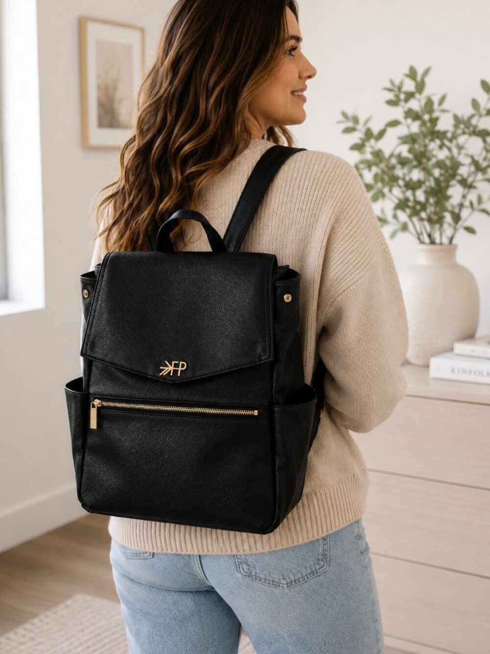 Freshly Picked Backpack Diaper Bag Black Vegan Leather Convertible Travel Tote